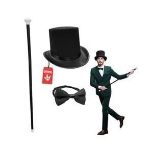 Black Top Hat, Bow Tie, and Cane Costume Accessories for Adults - NWT